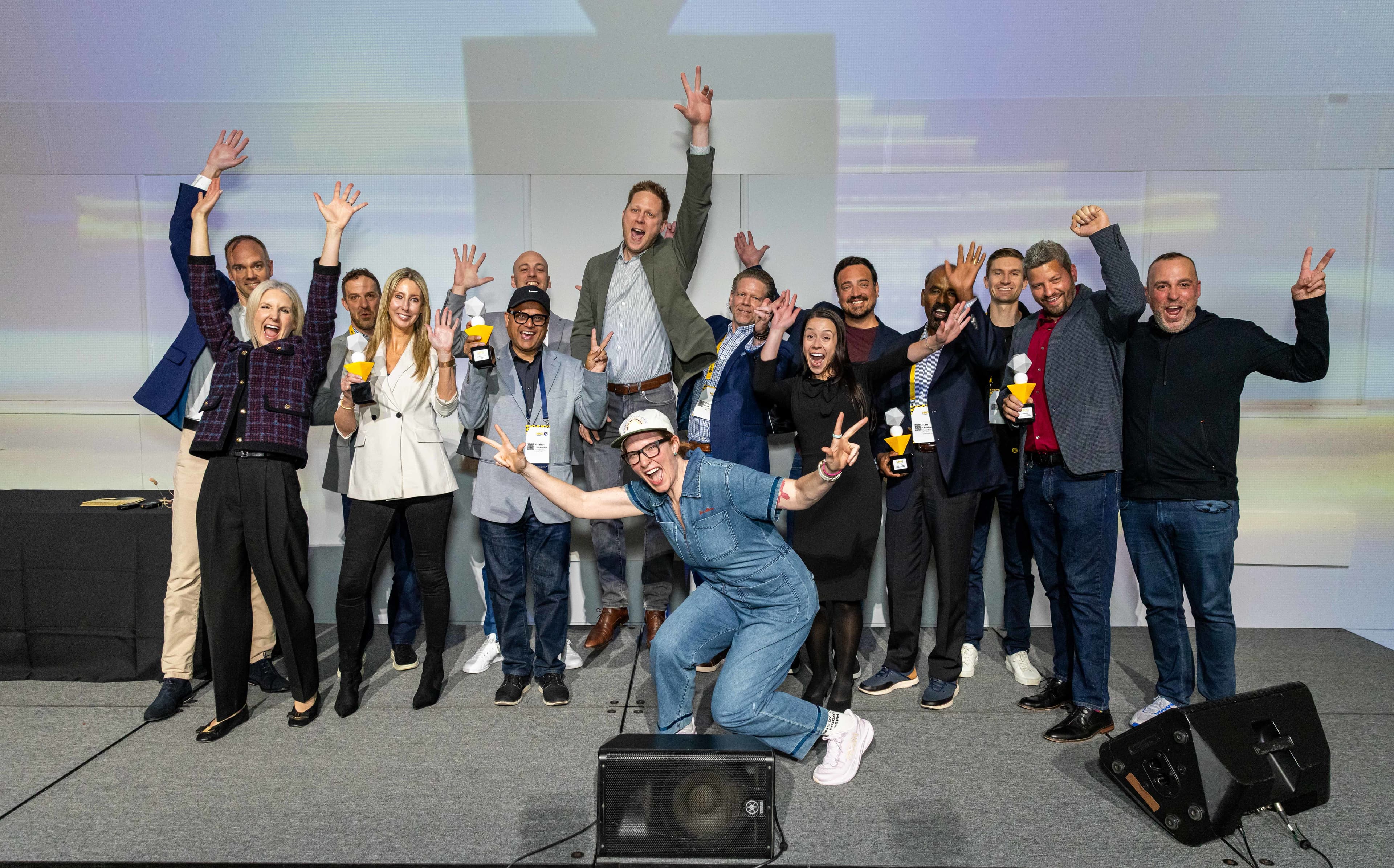 Group celebration on stage