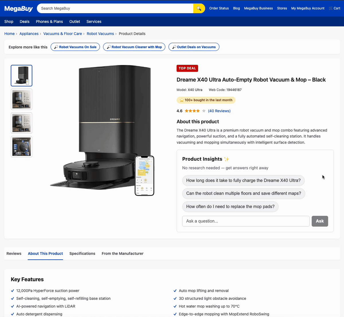 MegaBuy product details page for Dreame X40 Ultra robot vacuum